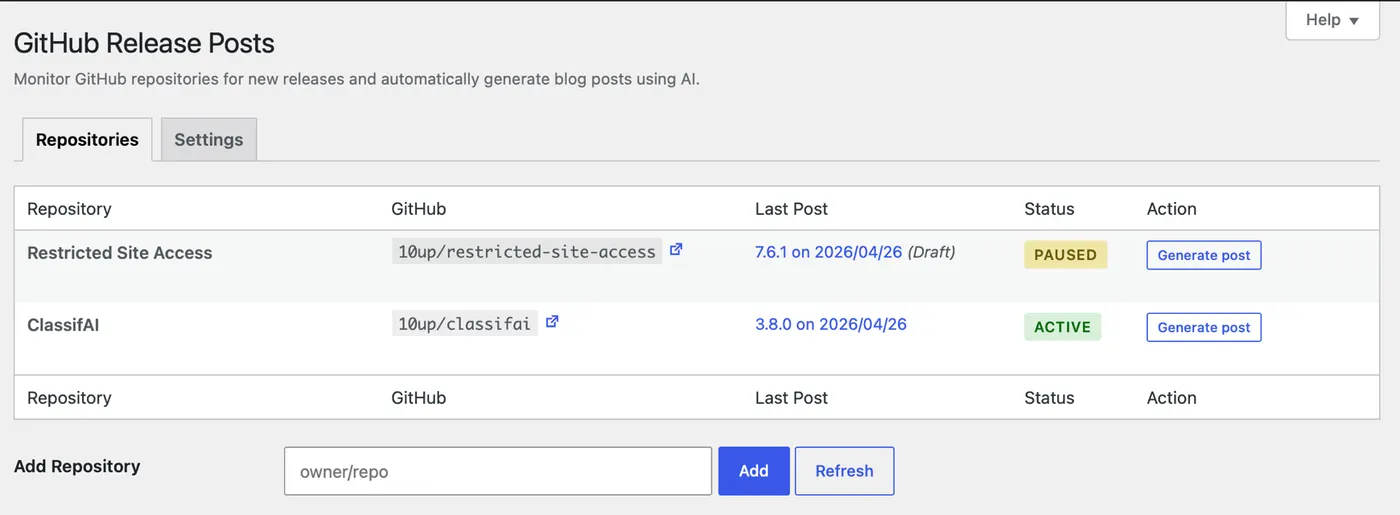 The plugin's dashboard listing repositories, their last release post, and a Generate post button