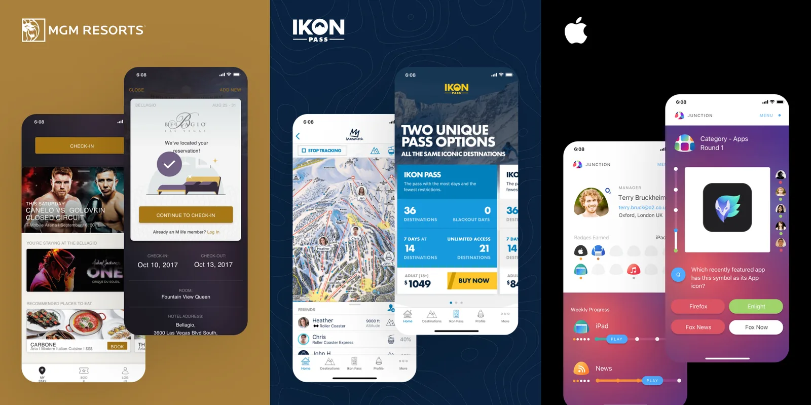 A selection of Fueled projects: MGM Resorts, IkonPass, and Apple